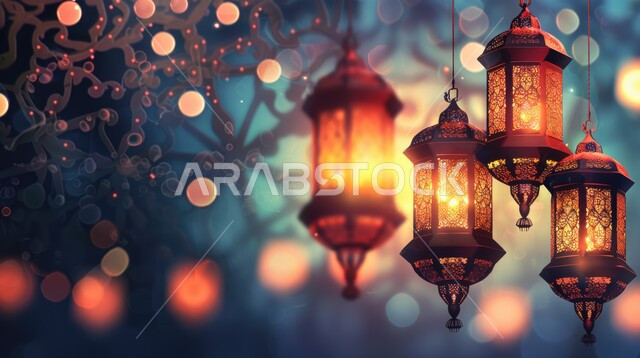 فوانيس معدنية تقليدية معلقة مضاءة، الأجواء الروحانية الرمضانية, الاحتفال بالمناسبات والأعياد الدينية الإسلامية، البهجة بقدوم شهر الخير, ديكورات وزينة رمضان المبارك, خلفية ملونة