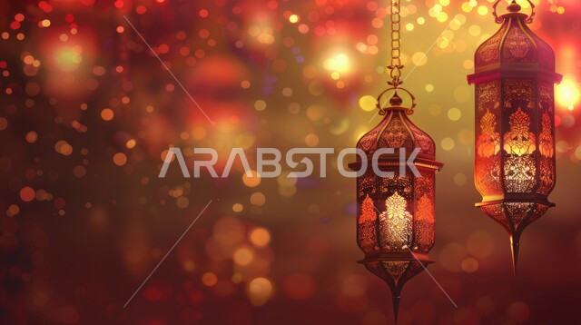 ديكورات وزينة رمضان المبارك, فوانيس معدنية تقليدية معلقة مضاءة، الأجواء الروحانية الرمضانية, الاحتفال بالمناسبات والأعياد الدينية الإسلامية، البهجة بقدوم شهر الخير, خلفية ملونة