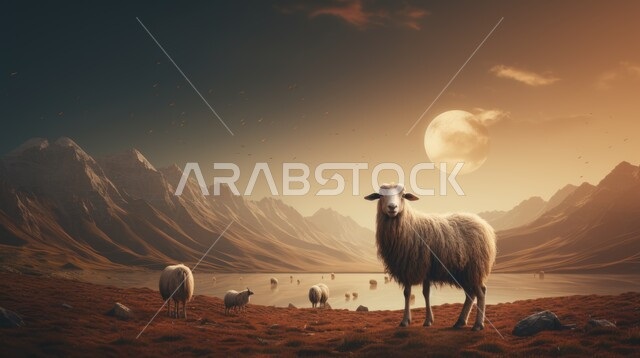 الأعياد والمناسبات الدينية الإسلامية, تربية المواشي والحيوانات في المحميات الطبيعية, رسوم توضيحية ثلاثية الابعاد لخروف أبيض, قربان وأضحية عيد الأضحى المبارك, خلفية الطبيعة