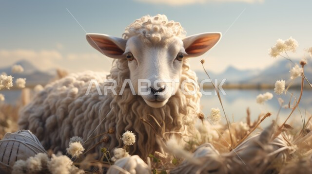 قربان وأضحية عيد الأضحى المبارك, الأعياد والمناسبات الدينية الإسلامية, تربية المواشي والحيوانات في المحميات الطبيعية, رسوم توضيحية ثلاثية الابعاد لخروف أبيض, خلفية الطبيعة