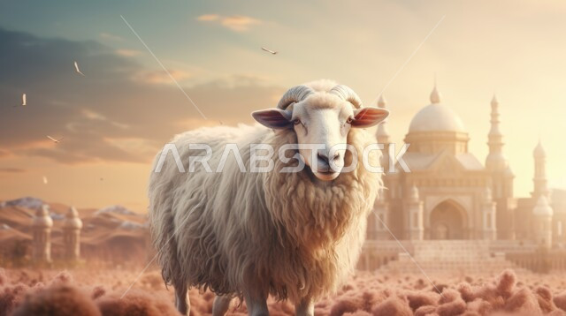قربان وأضحية عيد الأضحى المبارك, الأعياد والمناسبات الدينية الإسلامية, تربية المواشي والحيوانات في المحميات الطبيعية, رسوم توضيحية ثلاثية الابعاد لخروف أبيض, خلفية مجسم مسجد