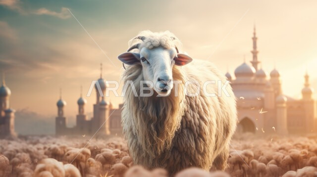رسوم توضيحية ثلاثية الابعاد لخروف أبيض, قربان وأضحية عيد الأضحى المبارك, الأعياد والمناسبات الدينية الإسلامية, تربية المواشي والحيوانات في المحميات الطبيعية, خلفية مجسم مسجد