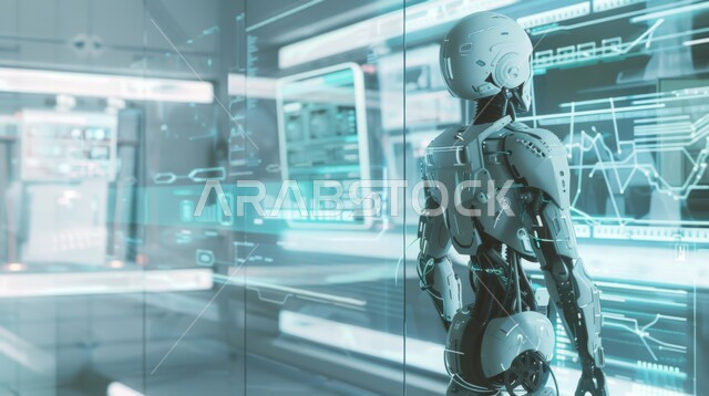 Technological development on planet Earth, replacing human workforce with robots, 3D designs of future robot, Saudi Vision 2030, close-up of advanced smart robot, achieving industrial revolution, innovation, science and artificial intelligence technology
