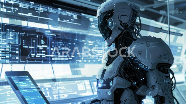 Technological development on planet Earth, replacing human workforce with robots, 3D designs of future robot, Saudi Vision 2030, close-up of advanced smart robot, achieving industrial revolution, innovation, science and artificial intelligence technology