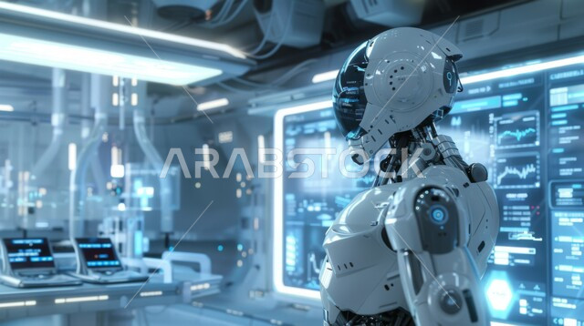 استبدال القوة العاملة البشرية بالروبوتات، تصاميم ثلاثية الأبعاد للروبوت المستقبلي، رؤية مستقبلية سعودية 2030، التطور التكنولوجي على كوكب الأرض، صورة مقربة لرجل آلي متطور ذكي, تحقيق الثورة الصناعية، الابتكار والعلوم وتكنولوجيا الذكاء الاصطناعي