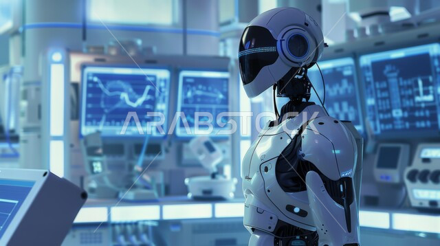 Replacing human workforce with robots, 3D designs of future robot, Saudi Vision 2030, technological development on planet earth, close-up of advanced intelligent robot, achieving industrial revolution, innovation, science and artificial intelligence technolog