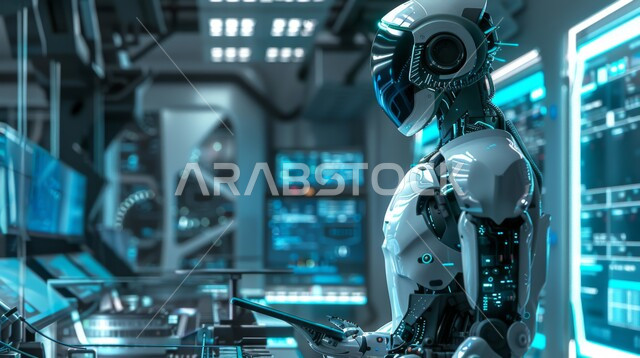 استبدال القوة العاملة البشرية بالروبوتات، تصاميم ثلاثية الأبعاد للروبوت المستقبلي، رؤية مستقبلية سعودية 2030، التطور التكنولوجي على كوكب الأرض، صورة مقربة لرجل آلي متطور ذكي, تحقيق الثورة الصناعية، الابتكار والعلوم وتكنولوجيا الذكاء الاصطناعي