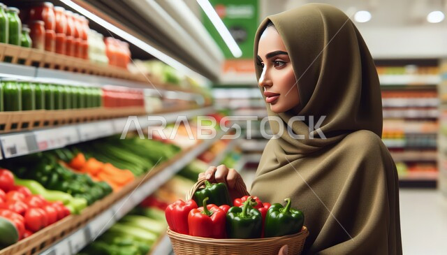 المواد الغذائية على الرفوف في المتاجر ومراكز التجارة، رسم ثلاثي الأبعاد لامرأة عربية خليجية سعودية محجبة ترتدي عباءة ملونة تحمل سلة خضار متجر البقالة, المنتجات المحلية الوطنية السعودية, التسوق والشراء من قسم الخضروات في السوبر ماركت