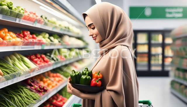 التسوق والشراء من قسم الخضروات في السوبر ماركت، المواد الغذائية على الرفوف في المتاجر ومراكز التجارة، رسم ثلاثي الأبعاد لامرأة عربية خليجية سعودية محجبة ترتدي عباءة ملونة تحمل سلة خضار متجر البقالة، المنتجات المحلية الوطنية السعودية