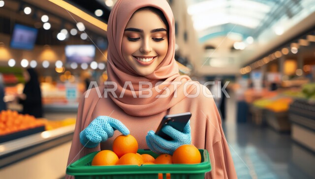 استخدام الأجهزة التقنية الحديثة, التسوق والشراء من قسم الخضروات في السوبر ماركت، رسم ثلاثي الأبعاد لامرأة عربية خليجية سعودية محجبة ترتدي عباءة ملونة تحمل سلة خضار متجر البقالة و تمسك بيدها الهاتف المحمول، المنتجات المحلية الوطنية السعودية