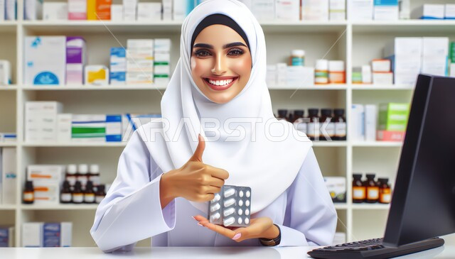 الإشارة بإصبع الإبهام للأعلى بتعابير الجودة, النظر إلى الكاميرا بإيماءات السعادة و السرور, مفهوم الرعاية الصحية، رسم ثلاثي الأبعاد لصيدلانية عربية خليجية سعودية محجبة ترتدي المعطف الأبيض تمسك بيها علبة دواء، تقديم الأدوية المناسبة و الاستشارات