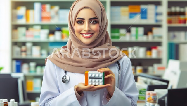 النظر إلى الكاميرا بإيماءات السعادة و السرور, العمل في القطاع الصيدلي، مفهوم الرعاية الصحية، رسم ثلاثي الأبعاد لصيدلانية عربية خليجية سعودية محجبة ترتدي المعطف الأبيض تمسك بيها علبة دواء، تقديم الأدوية المناسبة و الاستشارات