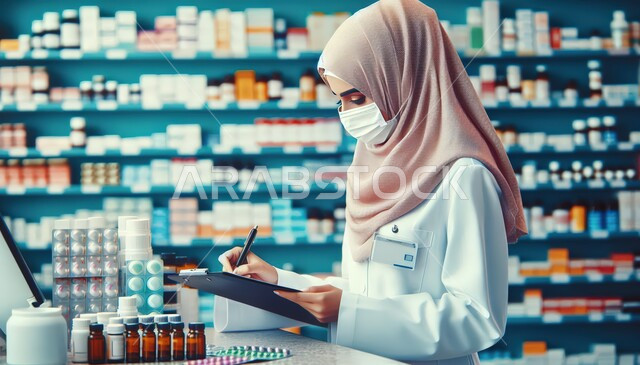 تقديم الأدوية المناسبة و الاستشارات، رسم ثلاثي الأبعاد لصيدلانية عربية خليجية سعودية محجبة ترتدي المعطف الأبيض و الكمامة تقوم بالتدوين على الدفتر, مفهوم الرعاية الصحية, العمل في القطاع الصيدلي