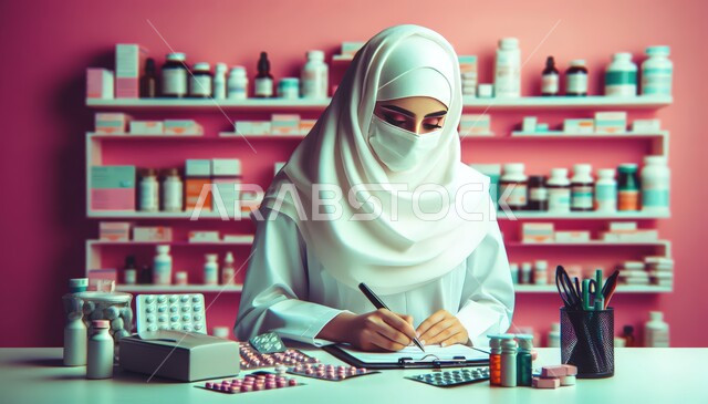 مفهوم الرعاية الصحية, العمل في القطاع الصيدلي، رسم ثلاثي الأبعاد لصيدلانية عربية خليجية سعودية محجبة ترتدي المعطف الأبيض و الكمامة تقوم بالتدوين على الدفتر، تقديم الأدوية المناسبة و الاستشارات