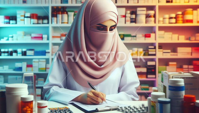Working in the pharmaceutical sector, the concept of health care, a 3D drawing of a veiled Saudi Arabian Gulf pharmacist wearing a white coat and a mask writing in a notebook, providing appropriate medications and consultations