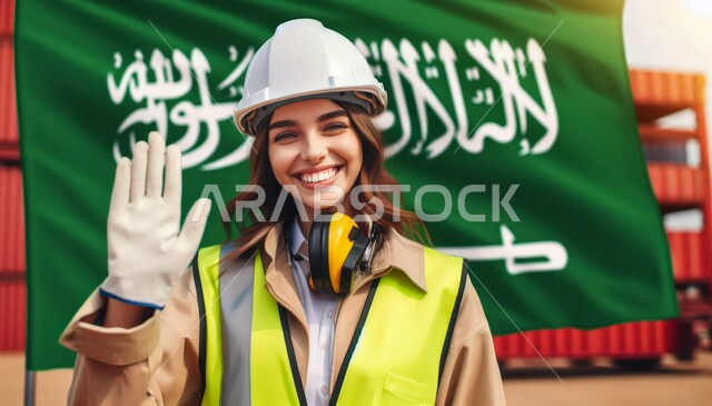 مهن و وظائف هندسية, العمل في القطاع الهندسي السعودي, رسم ثلاثي الأبعاد لمهندسة عربية خليجية سعودية مبتسمة ترتدي خوذة الحماية تنظر إلى الكاميرا بإيماءات السعادة و السرور ترفع يدها بتعابير التحية و السلام, خلفية علم المملكة العربية السعودية