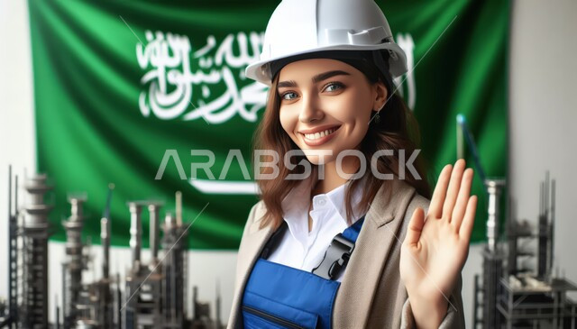 مهن و وظائف هندسية, العمل في القطاع الهندسي السعودي, رسم ثلاثي الأبعاد لمهندسة عربية خليجية سعودية مبتسمة ترتدي خوذة الحماية تنظر إلى الكاميرا بإيماءات السعادة و السرور ترفع يدها بتعابير التحية و السلام, خلفية علم المملكة العربية السعودية
