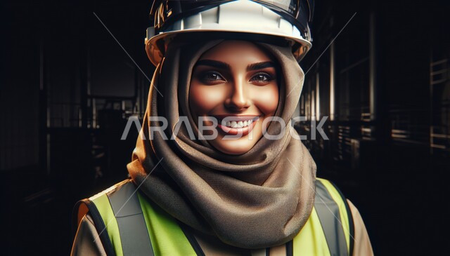 العمل في القطاع الهندسي السعودي, مهن و وظائف هندسية, رسم ثلاثي الأبعاد لمهندسة عربية خليجية سعودية محجبة مبتسمة ترتدي خوذة الحماية تنظر إلى الكاميرا بإيماءات السعادة و السرور