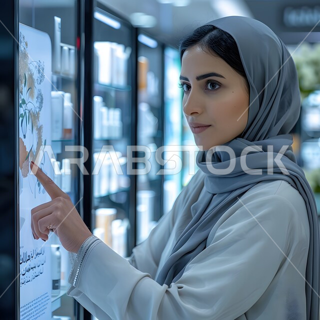 استخدام التقنيات الحديثة والمتطورة، صورة مقربة لشابة عربية خليجية سعودية محجبة مبتسمة تقف أمام شاشة مضيئة ومحاولة النقر عليها، التكنولوجيا وتحقيق الثروة الصناعية، النمو الالكتروني والتطور التكنولوجي