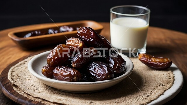 Healthy Ramadan breakfast, food with high nutritional value, close-up of a plate of sugary dates with a glass of fresh milk, types of delicious dates, hospitality and generous reception on holidays and religious occasions in the Kingdom of Saudi Arabia, local and national agricultural fruits and crops