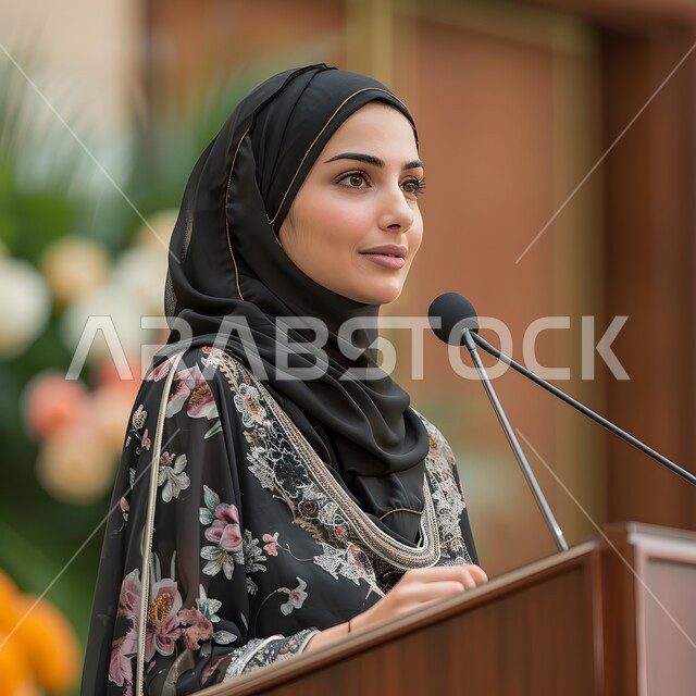 Woman in Hijab Speaking at Podium
