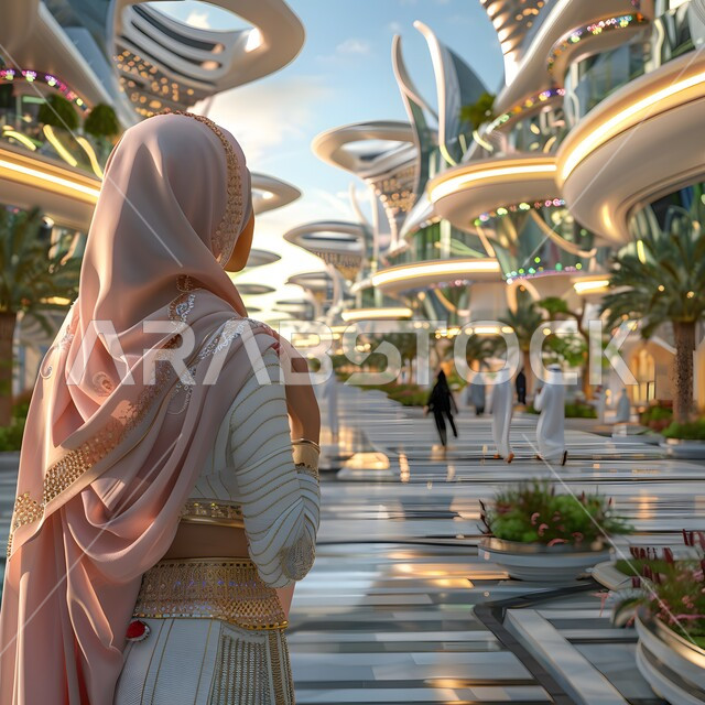 الفن الهندسي المعماري، صورة من الخلف لامراة عربية خليجية سعودية ترتدي الحجاب تقف متأملة البناء المعماري الحديث، تصاميم وديكورات متطورة، النمو والتقدم العمراني السعودي، رؤية مستقبلية 2030