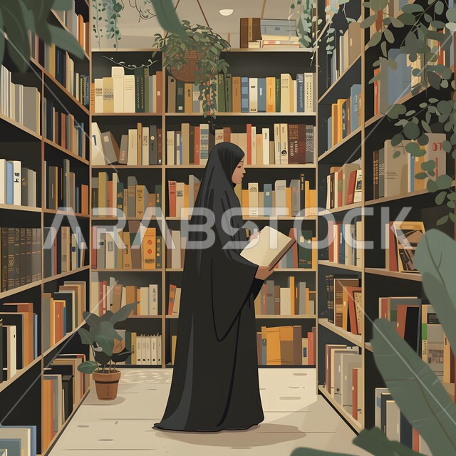  هواية المطالعة والاستكشاف، تنمية وتعزيز المعلومات العامة, رسوم توضيحية لإمرأة عربيه سعوديه خليجيه محجبة ترتدي العباءة تقف في مكتبة مليئة بالكتب تمسك بيدها كتاب, قضاء وقت ممتع في القراءة, الإهتمام بالعلم والثقافه, الحبث والاطلاع على مجالات مختلفة.