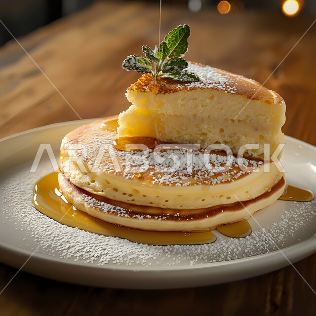 حلويات باردة لذيذة, سكريات و أطعمة ذات سعرات حرارية عالية, وجبة فطور خفيفة, قطع الحلى الشهية, رقائق الكريب المزينة والمحشوة بالزبدة و العسل