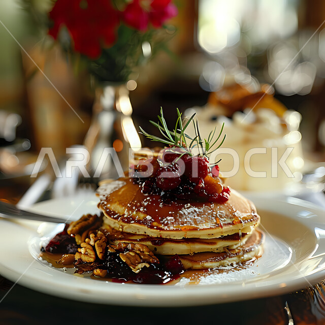 Delicious cold desserts, a plate of delicious crepe layers decorated with fruits, honey and nuts, foods rich in sugars and calories, a delicious healthy breakfast, the art of presenting desserts in restaurants in the Kingdom of Saudi Arabia