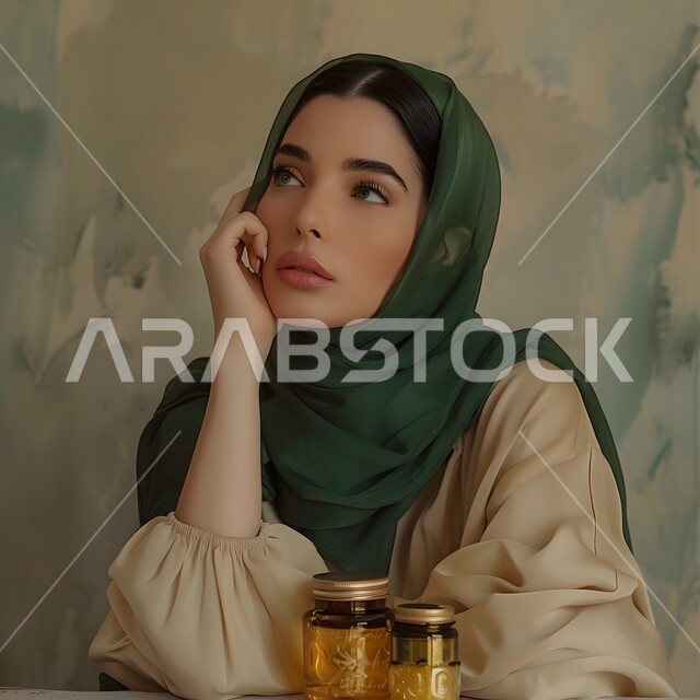 إيجاد حل لمشكلة ما, صورة مقربة لامراة عربية خليجية  تضع يدها على وجهها، حركات وجه ويدين تدل على التفكير بشيء ما, شابة سعودية ترتدي الحجاب تقوم بالتأمل والتفكير والتخطيط للمستقبل, مفهوم التمعن والتركيز