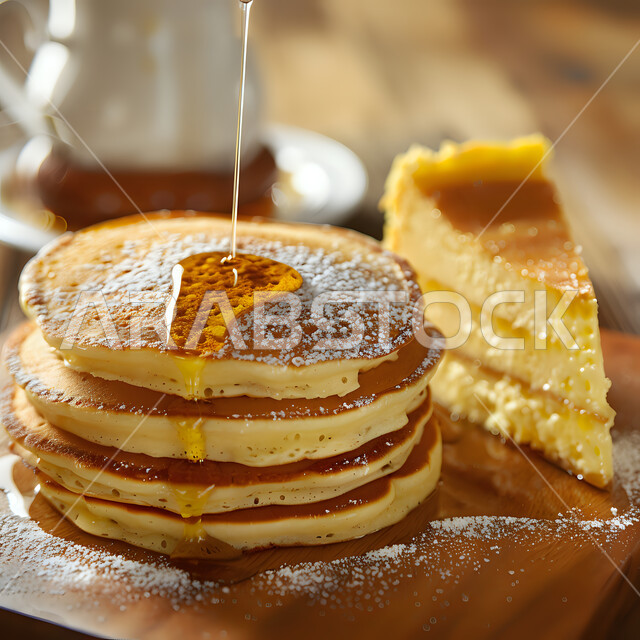 حلويات باردة لذيذة، طبق من رقائق الكريب الشهي المزين بالعسل على طاولة خشبية مع قطعة تشيز كيك، مطابخ المملكة العربية السعودية, فنون تقديم الحلى في المطاعم, سكريات وأطعمة ذات سعرات حرارية عالية