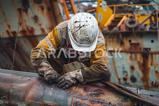 مهن و وظائف هندسية, معامل و مصانع في المملكة العربية السعودية, مهندس عربي خليجي سعودي يرتدي خوذة و سترة الحماية يقوم بصيانة و إصلاح السفن, العمل في القطاع الهندسي