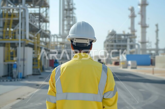 الإعمار بسواعد أبناء الوطن, مفهوم الهندسة والإنشاءات المعمارية، صورة من الخلف لمهندس عربي خليجي سعودي يرتدي خوذة و سترة الحماية يشرف على تطبيق الخطط الهندسية، العمل في القطاع الهندسي، مهن ووظائف سعودية