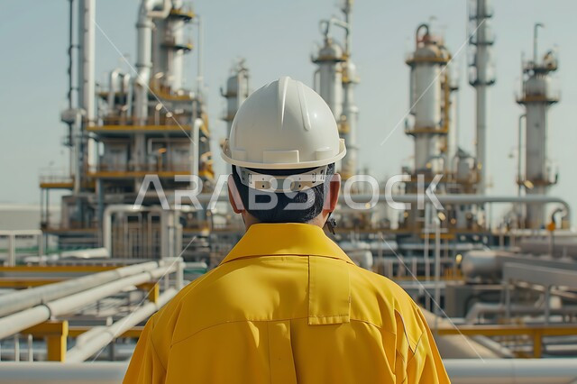 مفهوم الهندسة والإنشاءات المعمارية، صورة من الخلف لمهندس عربي خليجي سعودي يرتدي خوذة و سترة الحماية يشرف على تطبيق الخطط الهندسية، العمل في القطاع الهندسي، مهن ووظائف سعودية، الإعمار بسواعد أبناء الوطن