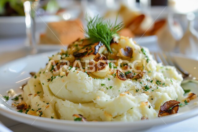 تزيين الطعام بأساليب فنية، مأكولات وأطباق شعبية تقليدية، صورة مقربة لطبق من البطاطس المهروسة مع الثوم المحمص والأعشاب، المقبلات النباتية الباردة اللذيذة، مطاعم المملكة العربية السعودية، وصفات أطعمة شرقية عربية شهية