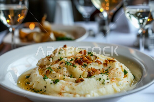 المقبلات النباتية الباردة اللذيذة، تزيين الطعام بأساليب فنية، صورة مقربة لطبق من البطاطس المهروسة مع الثوم المحمص والأعشاب، مطاعم المملكة العربية السعودية، وصفات أطعمة شرقية عربية شهية، مأكولات وأطباق شعبية تقليدية