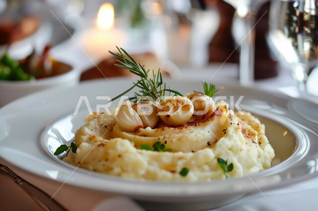 Traditional Food and Dishes, Close-up of a plate of mashed potatoes with roasted garlic and herbs, Delicious Arabic oriental food recipes, Artistic food decoration, Delicious cold vegetarian appetizers, Saudi Arabia restaurants