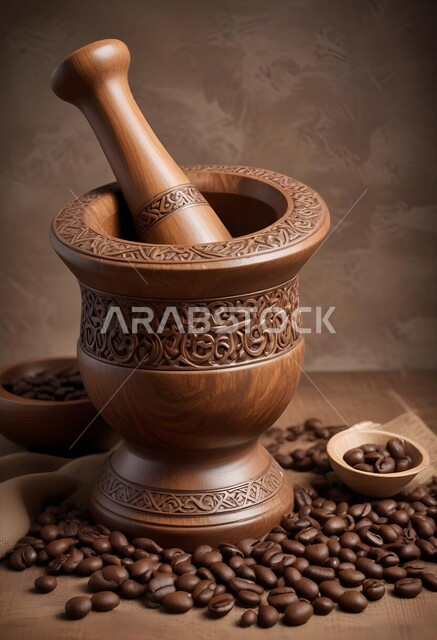  مهباج عربي قديم لطحن القهوة، ترسيخ التراث السعودي وقيم الأجداد العريقة، حبات البن المتناثرة، الإهتمام بالعادات والتقاليد القديمة، جرن خشبي مزخرف