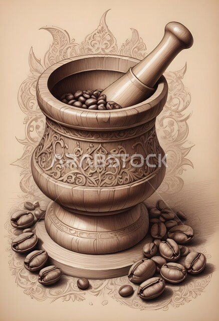 رسوم توضيحية لمهباج عربي قديم لطحن القهوة، ترسيخ التراث السعودي وقيم الأجداد العريقة، حبات البن المتناثرة، الإهتمام بالعادات والتقاليد القديمة، رسم ثلاثي الابعاد لجرن خشبي مزخرف