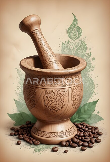 رسوم توضيحية لمهباج عربي قديم لطحن القهوة، ترسيخ التراث السعودي وقيم الأجداد العريقة، حبات البن المتناثرة، الإهتمام بالعادات والتقاليد القديمة، رسم ثلاثي الابعاد لجرن خشبي مزخرف