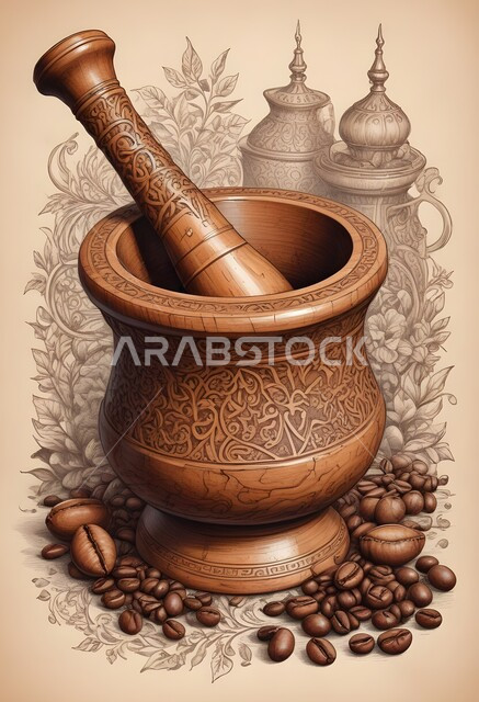 رسوم توضيحية لمهباج عربي قديم لطحن القهوة، ترسيخ التراث السعودي وقيم الأجداد العريقة، حبات البن المتناثرة، الإهتمام بالعادات والتقاليد القديمة، رسم ثلاثي الابعاد لجرن خشبي مزخرف