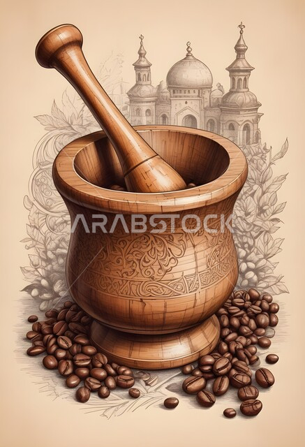 رسوم توضيحية لمهباج عربي قديم لطحن القهوة، ترسيخ التراث السعودي وقيم الأجداد العريقة، حبات البن المتناثرة، الإهتمام بالعادات والتقاليد القديمة، رسم ثلاثي الابعاد لجرن خشبي مزخرف