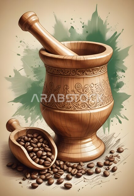 رسوم توضيحية لمهباج عربي قديم لطحن القهوة، ترسيخ التراث السعودي وقيم الأجداد العريقة، حبات البن المتناثرة، الإهتمام بالعادات والتقاليد القديمة، رسم ثلاثي الابعاد لجرن خشبي مزخرف
