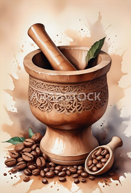 رسوم توضيحية لمهباج عربي قديم لطحن القهوة، ترسيخ التراث السعودي وقيم الأجداد العريقة، حبات البن المتناثرة، الإهتمام بالعادات والتقاليد القديمة، رسم ثلاثي الابعاد لجرن خشبي مزخرف