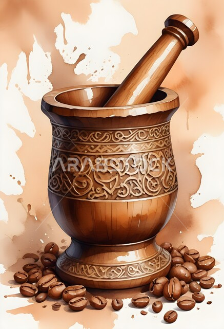 رسوم توضيحية لمهباج عربي قديم لطحن القهوة، ترسيخ التراث السعودي وقيم الأجداد العريقة، حبات البن المتناثرة، الإهتمام بالعادات والتقاليد القديمة، رسم ثلاثي الابعاد لجرن خشبي مزخرف