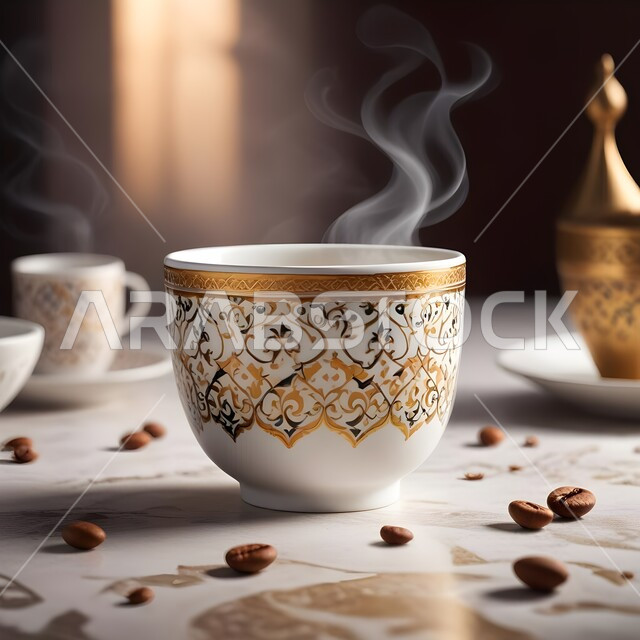 فنجان قهوة عربية سعودية، مشروبات صباحية ساخنة منبهة ومنشطة للجسم، ترسيخ التراث السعودي وقيم الأجداد العريقة، حبات البن المتناثرة، الإهتمام بالعادات والتقاليد القديمة، كوب بن زجاجي مزخرف، مواد تحتوي على الكافيين الطبيعي 
