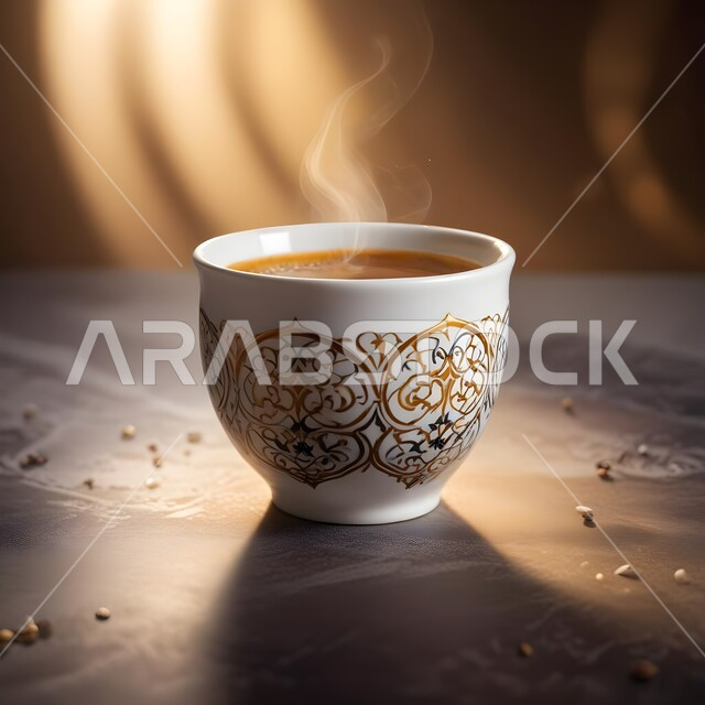 فنجان قهوة عربية سعودية، مشروبات صباحية ساخنة منبهة ومنشطة للجسم، ترسيخ التراث السعودي وقيم الأجداد العريقة، حبات البن المتناثرة، الإهتمام بالعادات والتقاليد القديمة، كوب بن زجاجي مزخرف، مواد تحتوي على الكافيين الطبيعي 