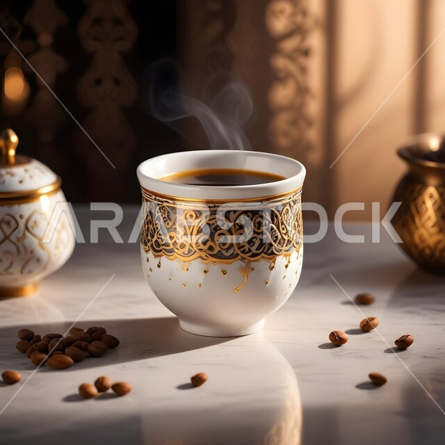 فنجان قهوة عربية سعودية، مشروبات صباحية ساخنة منبهة ومنشطة للجسم، ترسيخ التراث السعودي وقيم الأجداد العريقة، حبات البن المتناثرة، الإهتمام بالعادات والتقاليد القديمة، كوب بن زجاجي مزخرف، مواد تحتوي على الكافيين الطبيعي 