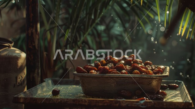 أجواء سهرة احتفالاً بقدوم شهر رمضان المبارك، وجبة ذات قيمة غذائية عالية، ضيافة رمضانية لذيذة، رطب من نخيل المملكة العربية السعودية، محاصيل ومنتجات زراعية محلية وطنية سعودية، طبق مليء بالتمر السكري الصحي الطازج، سنن وعادات وتقاليد أصيلة
