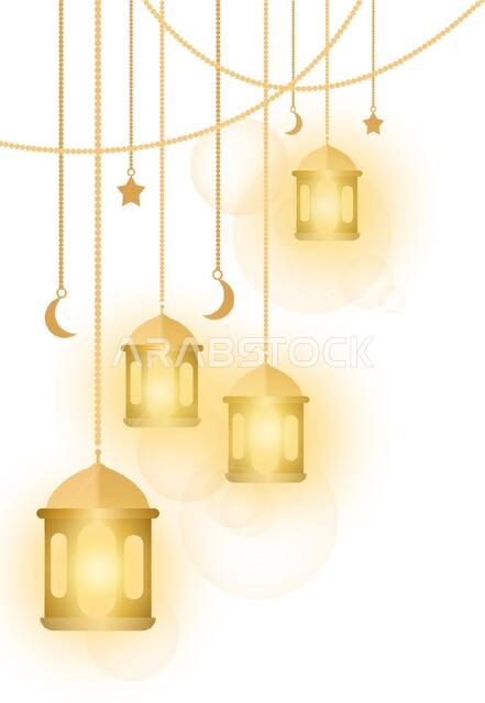 أجواء الاحتفال بالمناسبات والأعياد الاسلامية, العادات والتقاليد لزينة استقبال شهر رمضان المبارك، مصابيح ذهبية معلقة مضيئة، فوانيس وتحف اسلامية تقليدية للاحتفال بقدوم شهر الخير، الفن الاسلامي للتحف والاكسسوارات، خلفية بيضاء